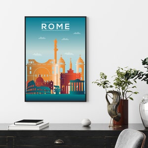 May include: A colorful illustration of the Rome skyline with the text "ROME" at the top. The skyline features iconic landmarks like the Colosseum, the Pantheon, and the Trevi Fountain.