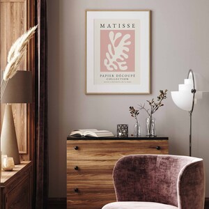May include: A framed print of a pink and white abstract art piece with the text "MATISSE PAPIER DECOUPE COLLECTION" and "8, RUE DE L'UNIVERSITE, NO. 18, PARIS".
