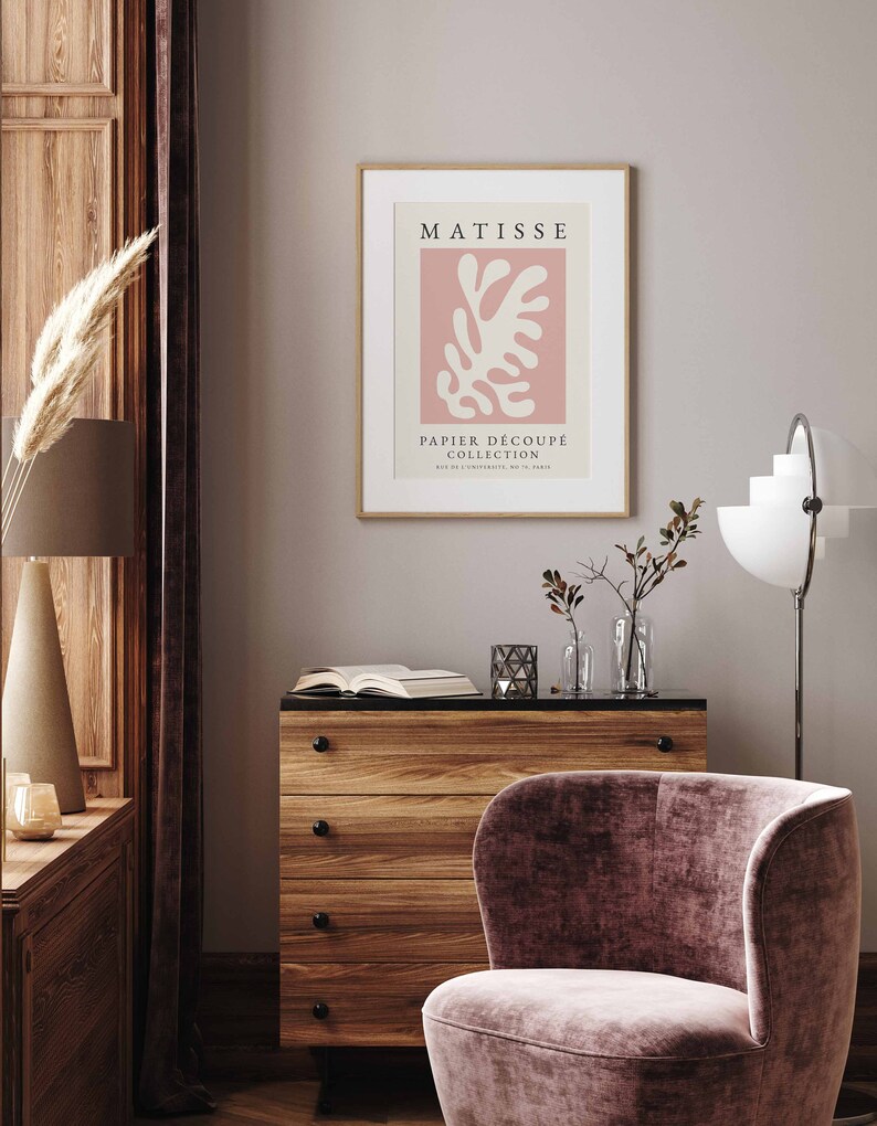 May include: A framed print of a pink and white abstract art piece with the text "MATISSE PAPIER DECOUPE COLLECTION" and "8, RUE DE L'UNIVERSITE, NO. 18, PARIS".