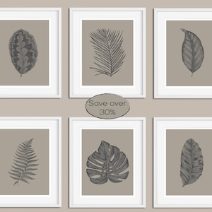 Leaf Print Set, Botanical Print Set, Set of Prints, Wall Art Set, Leaf Prints, Wall Art Prints, Monstera Print, Grey Print, Prints, Wall Art