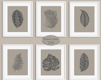 Leaf Print Set, Botanical Print Set, Set of Prints, Wall Art Set, Leaf Prints, Wall Art Prints, Monstera Print, Grey Print, Prints, Wall Art