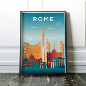May include: A framed poster with a blue, orange, and teal cityscape of Rome, Italy. The poster features the Colosseum, the Pantheon, and other iconic landmarks. The word "ROME" is printed in white at the top of the poster.