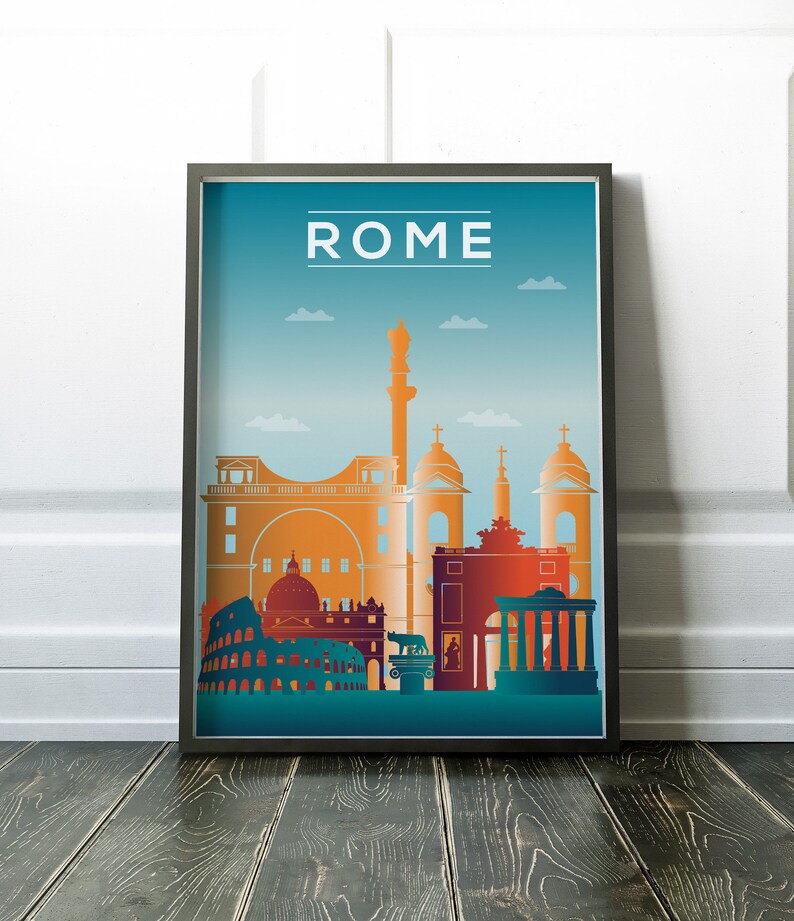 May include: A framed poster with a blue, orange, and teal cityscape of Rome, Italy. The poster features the Colosseum, the Pantheon, and other iconic landmarks. The word "ROME" is printed in white at the top of the poster.