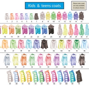 May include: A chart of 70 different kids and teens coats in various colors. The coats are illustrated in a watercolor style. The chart is divided into three sections, with the top section labeled "Best for younger kids", the middle section labeled "Kids & teens coats", and the bottom section labeled "Best for teens".