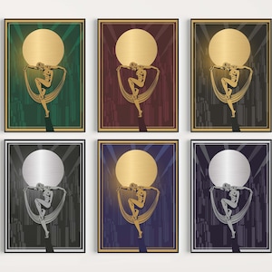 May include: Six different art prints featuring a gold silhouette of a woman dancing in front of a large, gold moon. The background is a geometric pattern in shades of green, red, black, blue, and gray.