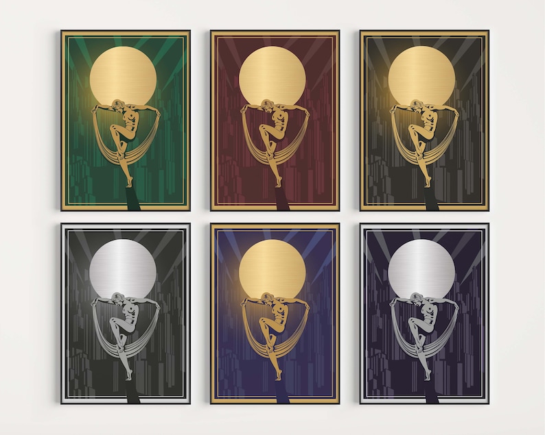 May include: Six different art prints featuring a gold silhouette of a woman dancing in front of a large, gold moon. The background is a geometric pattern in shades of green, red, black, blue, and gray.