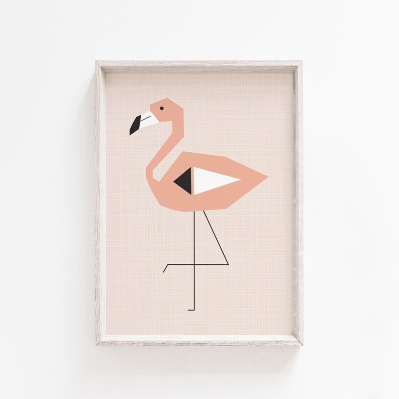 May include: A geometric pink flamingo illustration with black and white accents, framed in a light wood frame.