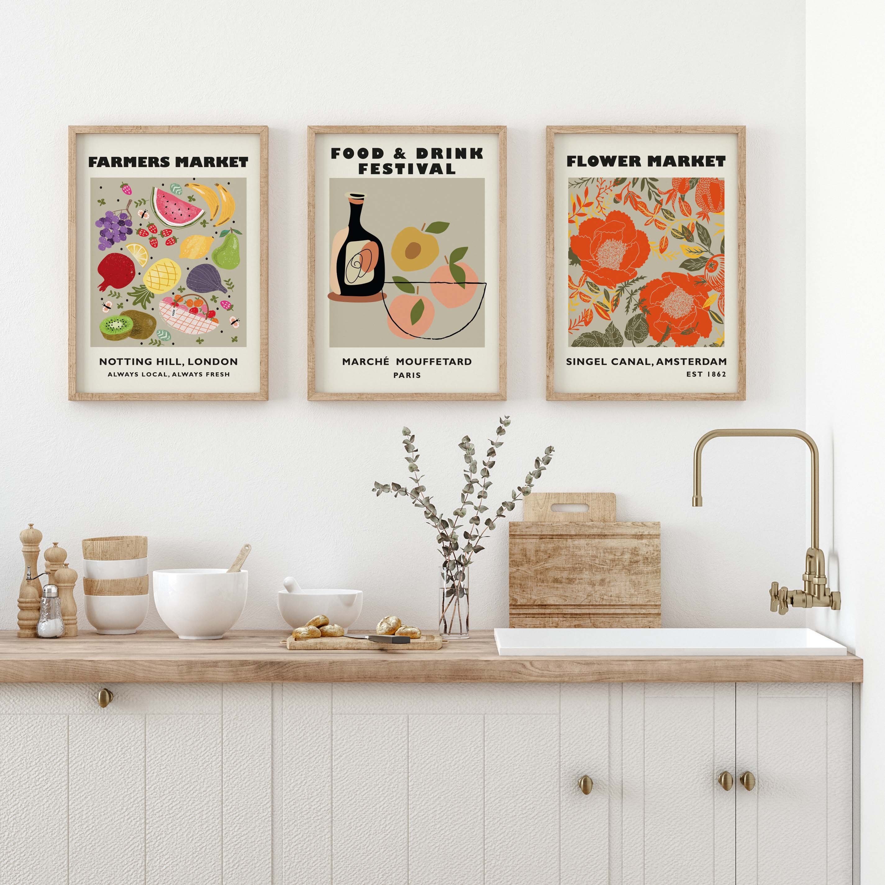 vintage floral kitchen scene clipart set graphic by... Flower Market Print, Set of Prints, Kitchen Wall Art, Farmers Market ...