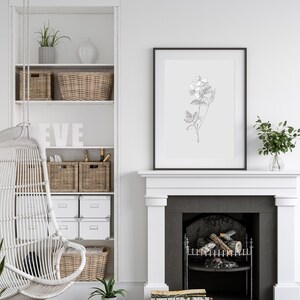 May include: A white wicker hanging chair with a white fireplace and a black framed print of a botanical illustration above it. The fireplace has a black grate and logs inside.