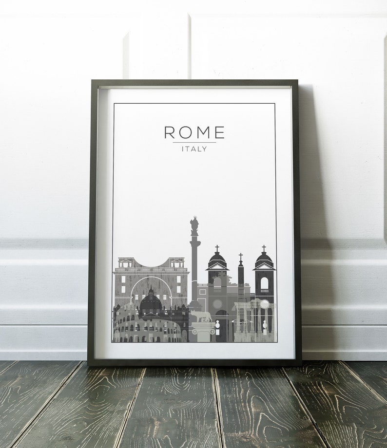May include: A black and white framed print of the Rome skyline with the text "ROME ITALY" at the top.
