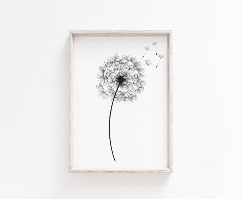 May include: Black and white line art print of a dandelion with seeds blowing in the wind. The print is framed in a light wood frame.