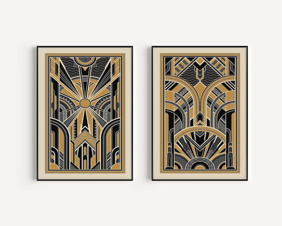Art Deco Prints, Black Gold Art Deco, Set of 2 Art Deco Prints, Art Deco Poster, Art Deco Wall