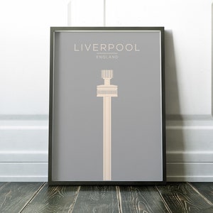 May include: A minimalist poster with a gray background and a white outline of the Liver Building in Liverpool, England. The text "LIVERPOOL" and "ENGLAND" is printed in white at the top of the poster.