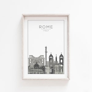May include: A black and white illustration of the Rome skyline, featuring iconic landmarks like the Colosseum, the Pantheon, and the Trevi Fountain. The text "ROME ITALY" is printed above the skyline.