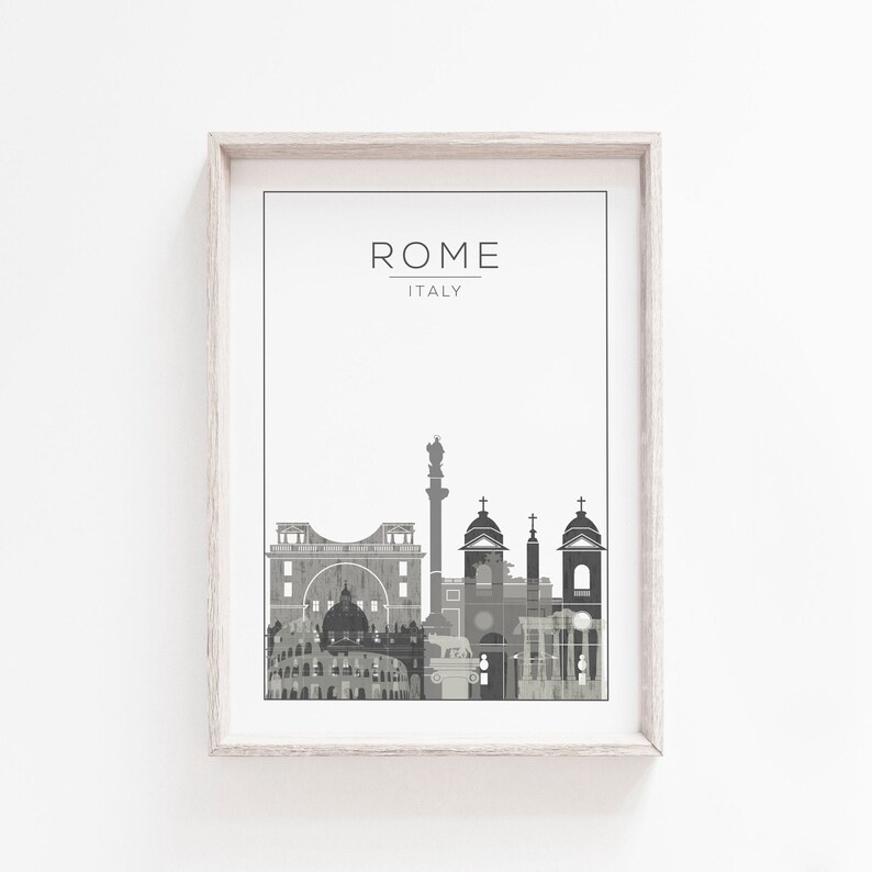 May include: A black and white illustration of the Rome skyline, featuring iconic landmarks like the Colosseum, the Pantheon, and the Trevi Fountain. The text "ROME ITALY" is printed above the skyline.