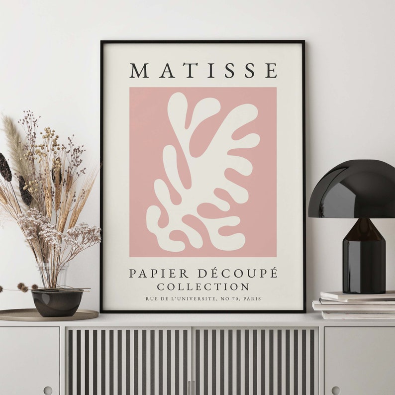 May include: A pink and white art print with the text "MATISSE PAPIER D&Eacute;COUP&Eacute; COLLECTION RUE DE L'UNIVERSIT&Eacute;, NO 70, PARIS".