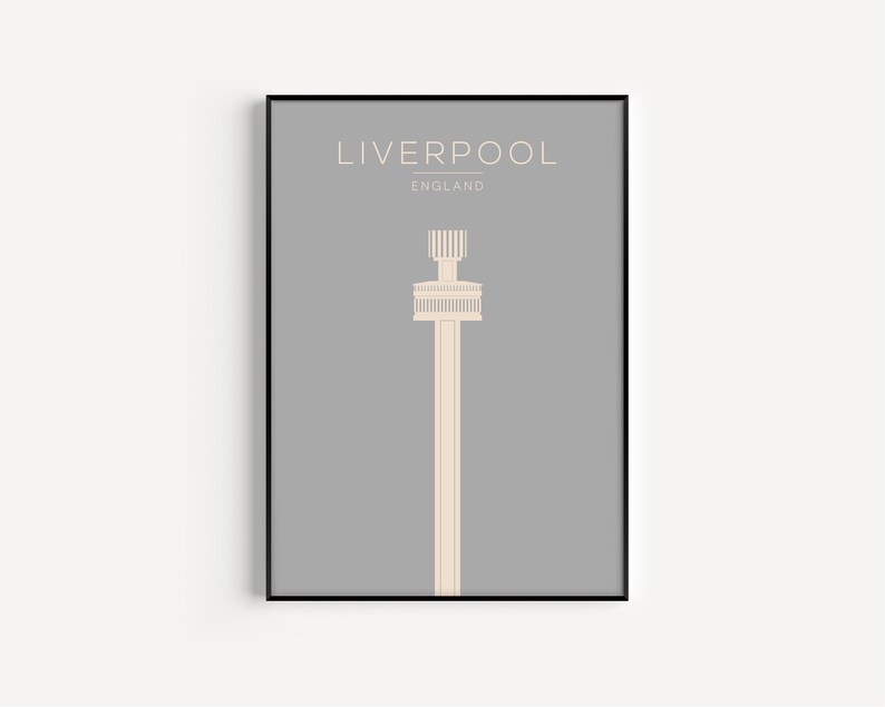 May include: A minimalist poster with a gray background and a white outline of the Liver Building in Liverpool, England. The text "LIVERPOOL" and "ENGLAND" is printed in white at the top of the poster.