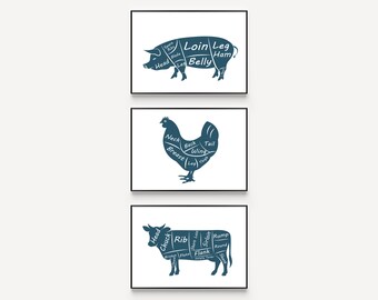 Butcher Prints, Kitchen Wall Art, Butcher Art, Kitchen Prints, Gift for Chef, Gift for Cook, Kitchen Print Set, Meat Cut Wall Art, Butcher
