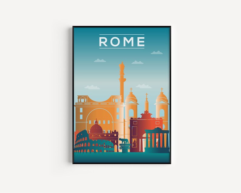 May include: A colorful illustration of the Rome skyline featuring the Colosseum, the Pantheon, and other iconic landmarks. The text "ROME" is displayed at the top of the image.