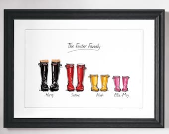 Custom family print gift Personalised Family print Custom Friend Art Wellies print Personalised gift art Wall art Home decor Wellington boot