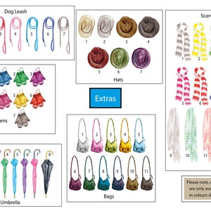 May include: A chart showing various accessories in different colors. The accessories include dog leashes, mittens, hats, scarves, umbrellas, and bags. The text "Please note, options are only available in colors shown." is at the bottom of the chart.