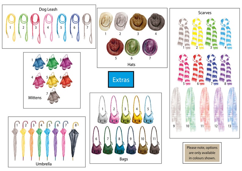 May include: A chart showing various accessories in different colors. The accessories include dog leashes, mittens, hats, scarves, umbrellas, and bags. The text "Please note, options are only available in colors shown." is at the bottom of the chart.