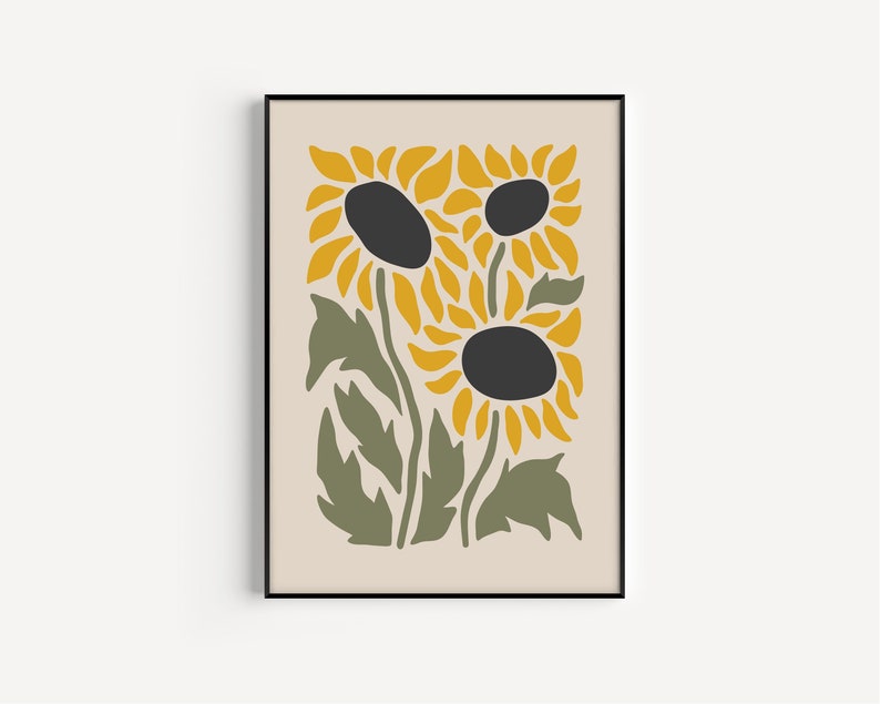 May include: A framed print of a stylized illustration of three sunflowers with black centers and yellow petals. The sunflowers are on a beige background with green leaves.