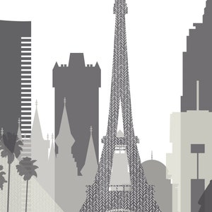 K&ouml;nnte beinhalten: Eine Graustufenillustration einer Stadtlandschaft mit ikonischen Wahrzeichen, darunter der Eiffelturm, ein Schloss und ein Wolkenkratzer. Die Geb&auml;ude sind stilisiert und haben ein geometrisches Design.