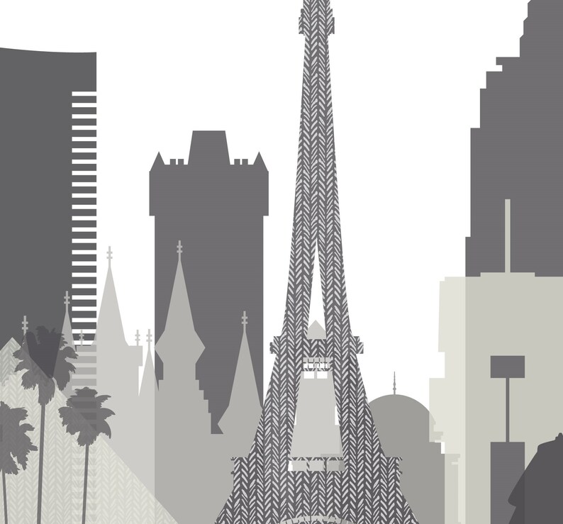 K&ouml;nnte beinhalten: Eine Graustufenillustration einer Stadtlandschaft mit ikonischen Wahrzeichen, darunter der Eiffelturm, ein Schloss und ein Wolkenkratzer. Die Geb&auml;ude sind stilisiert und haben ein geometrisches Design.