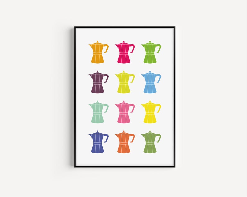 May include: A colorful print of 12 different colored coffee pots in a row. The coffee pots are all the same shape and size, but each one is a different color, including red, orange, yellow, green, blue, purple, and pink.