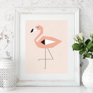 May include: A geometric pink flamingo illustration with black accents on a light pink background. The flamingo is standing on one leg with its head turned to the side.