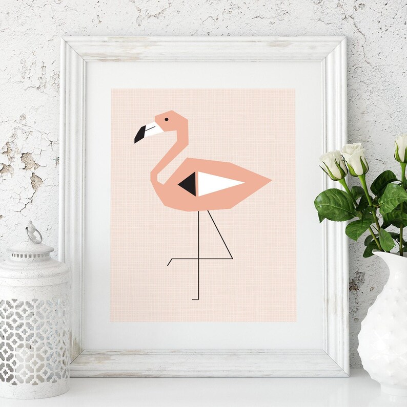 May include: A geometric pink flamingo illustration with black accents on a light pink background. The flamingo is standing on one leg with its head turned to the side.