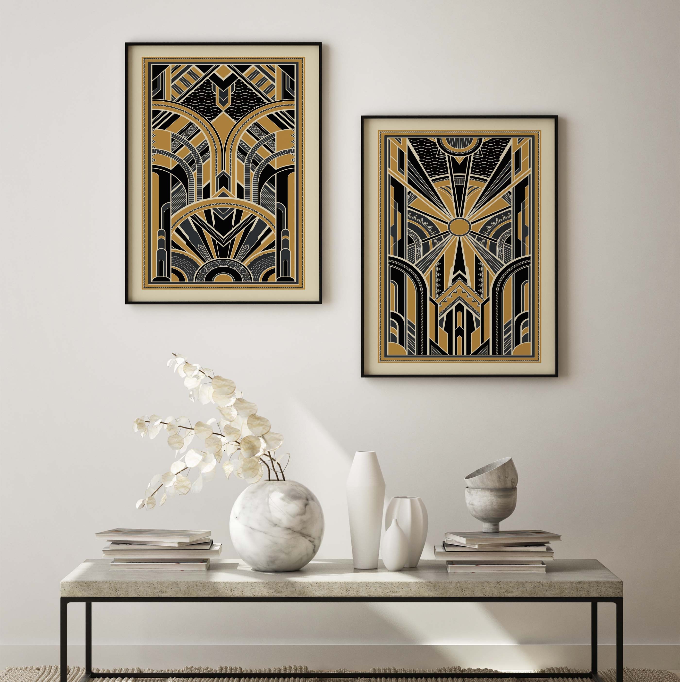 Art Deco Prints, Black Gold Art Deco, Set of 2 Art Deco Prints