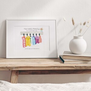 May include: A watercolor illustration of a coat rack with colorful coats hanging on it. The text "The Wells Family" is above the rack, and the text "Just the right mix of clothes and love" is below the rack.