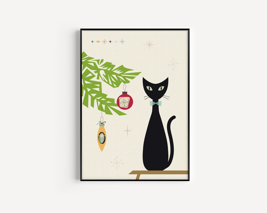 Mid Century Modern, Christmas Print, Mid Century Cat, Christmas, Prints ...