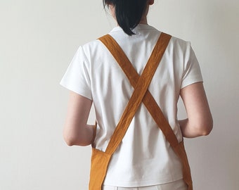 SHORT LINEN APRON/ cross back apron/ woman apron with pockets/ no-ties apron/ flax pinafore/ apron in Ocher