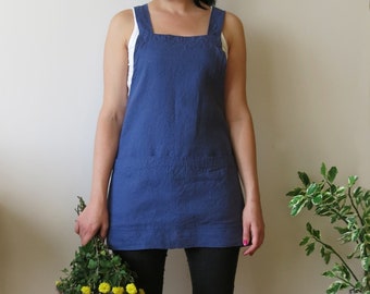 LINEN no ties APRON/ cross back apron for women/ japanese style/ flax pinafore/ with pockets/ short apron/ soft linen