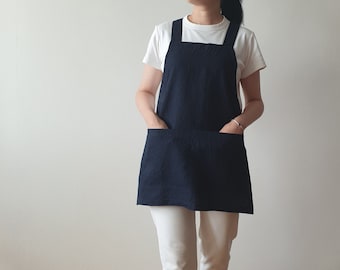 Short Linen cross back apron/ Criss-Cross apron for women/ No-ties pinafore/ crossback apron with pockets/ Crossover apron