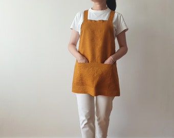 Short Linen cross back apron/ Criss-Cross apron for women/ No-ties pinafore/ crossback apron with pockets/ Crossover apron