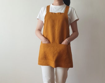 SHORT LINEN APRON/ cross back apron/ woman apron with pockets/ no-ties apron/ flax pinafore/halloween clothes/ apron in Ocher