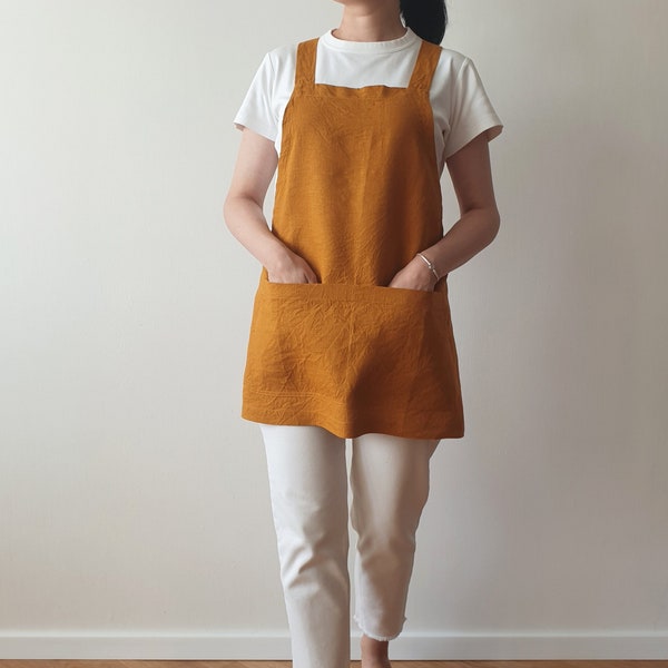 SHORT LINEN APRON/ cross back apron/ woman apron with pockets/ no-ties apron/ flax pinafore/halloween clothes/ apron in Ocher