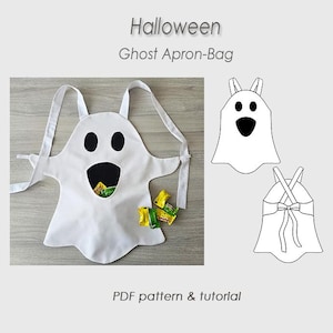 Peut inclure: Un tablier-sac blanc en forme de fantôme avec des yeux et une bouche noirs en feutrine, doté de longues bretelles. Le texte indique Halloween Ghost Apron-Bag et PDF pattern & tutorial. Inclut un dessin technique montrant les vues avant et arrière.
