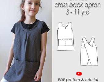 Apron sewing pattern PDF 3 - 11 years old/ Japanese pinafore with pockets /tutorial /Digital Download/ Cross back/ GRACE kids apron