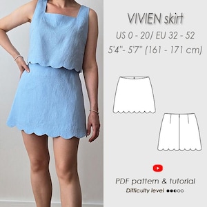 May include: A light blue two-piece outfit, comprising a sleeveless top with a square neckline and a scalloped hem, and a matching mini skirt. The outfit is shown on a person. The image also includes a diagram of the skirt and text that says "VIVIEN skirt".