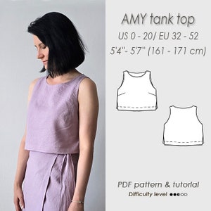 Modello di cucito per canotta/modello digitale PDF per top corto base per donna/altezza II 5'4'' - 5'7''/ 161 - 171 cm/ canotta AMY