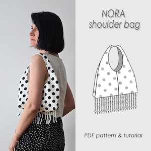 May include: A white shoulder bag with black polka dots and a fringe trim along the bottom edge. The image includes a technical line drawing of the bag labeled NORA shoulder bag and the text PDF pattern & tutorial, illustrating the design.