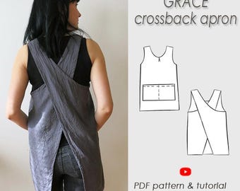 May include: A grey crossback apron with wide shoulder straps that overlap at the back. The image includes the text GRACE crossback apron, a line drawing of the front and back of the apron, a YouTube icon, and the text PDF pattern & tutorial.