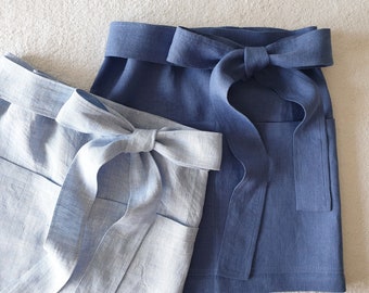 LINEN APRON with big bow, half apron, linen apron, cafe, wrap apron, flax pinafore, mini, with pockets, soft linen