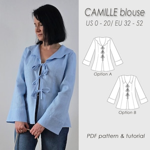Puede incluir: Una blusa azul claro con cuello con volantes y lazos en la parte delantera. La blusa tiene mangas largas y la lleva una persona. La imagen también incluye dibujos lineales de la blusa y el texto "CAMILLE blouse" y "PDF pattern & tutorial."