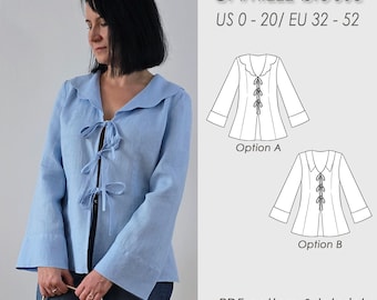 NEW! Front tie blouse sewing pattern/scalloped collar and long flared sleeve blouse PDF Digital for women/ CAMILLE